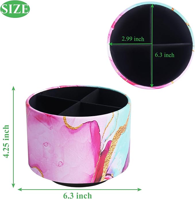 Round Leather Art Supply Organizer,Remote Control Holder,360-degree Rotating Pen Organizer with 4 Compartments(1-Red Green Splash Ink)-DeskLoop Office