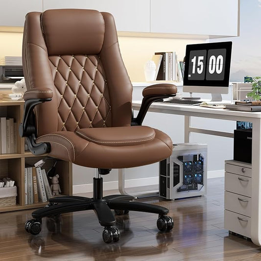GYI O205P High Back Executive Office Chair, Big and Tall Office Chair 400LBS with Rubber Wheels,Ergonomic Adjustable Computer Desk Chairs with Padded Flip-up Armrests,Lumbar Support (Brown)-DeskLoop Office