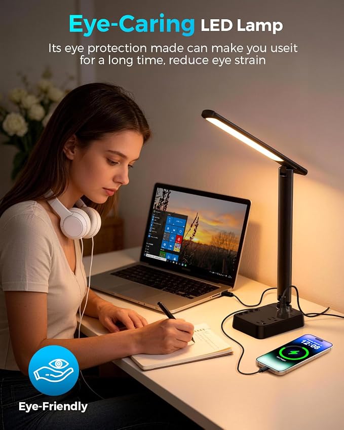 LED Desk Lamp with Power Strip, 3 AC Outlets & 4 USB Ports, Stepless Dimming & - Image 7