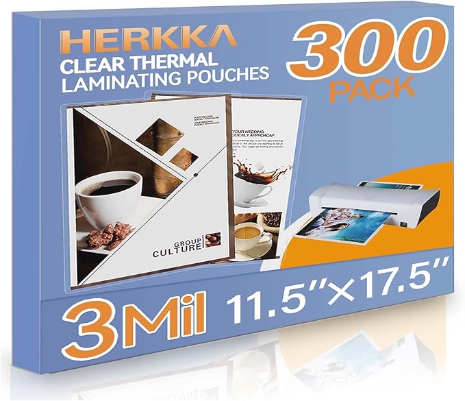 HERKKA 300 Pack Laminating Sheets, Hold 11 x 17 Inch Sheet, 3 Mil Clear Thermal Laminating Pouches 11.5 x 17.5 Inch Lamination Sheet Paper for Laminator, Round Corner-DeskLoop Office