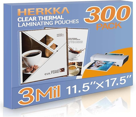 HERKKA 300 Pack Laminating Sheets, Hold 11 x 17 Inch Sheet, 3 Mil Clear Thermal Laminating Pouches 11.5 x 17.5 Inch Lamination Sheet Paper for Laminator, Round Corner-DeskLoop Office