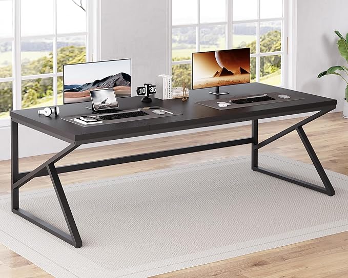 HSH Extra Long Black Computer Desk, 78 inch Large Home Office 2 person Desk, Industrial Metal Wood double Desk for Executive Work Writing Study, Modern Black Bedroom Living Room PC Laptop Gaming Table-DeskLoop Office