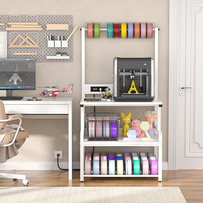 Homieasy Printer Stand with Charging Station, 29.1" x 22.8" Large 3D Printer Table with Filament Storage, Heavy Duty Rolling Printer Cart with 4-Tier Storage for Workshop/Office/Garage, White-DeskLoop Office