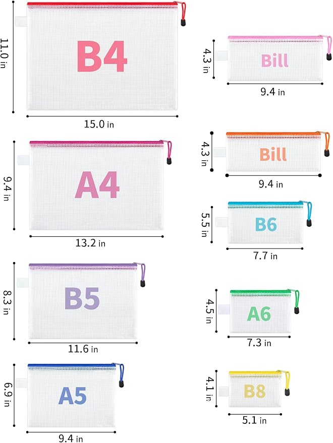 JARLINK 72 Pack 8 Sizes Mesh Pouch, 9 Colors, Waterproof Zipper File Bags - Image 3