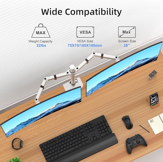 Suptek Dual Monitor Desk Mount, Adjustable Dual Monitor Arm for 2 Monitor Screens up to 38 inch, Extra Tall 15.75" Pole Monitor Stand for Desk, Holds up to 22 lbs,White(MD9442MW)-DeskLoop Office