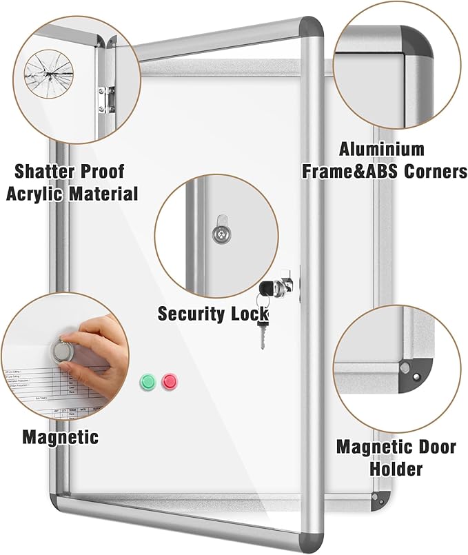 26"x20" Enclosed Bulletin Board, Lockable Weather-Resistant Aluminum Noticeboard for School & Office, Silver Frame w/Magentic Whiteboard-DeskLoop Office