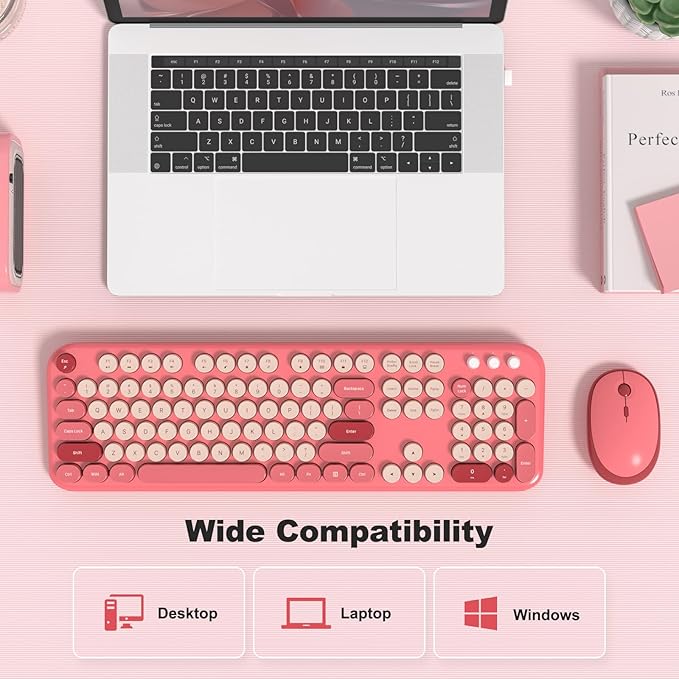 MOFII Wireless Keyboard and Mouse Combo, Cute Keyboard Full Size and Wireless Mouse, 2.4GHz Retro Typewriter Keyboard Wireless Mouse Set for PC/Desktop/Laptop/Windows (Hot Pink)-DeskLoop Office