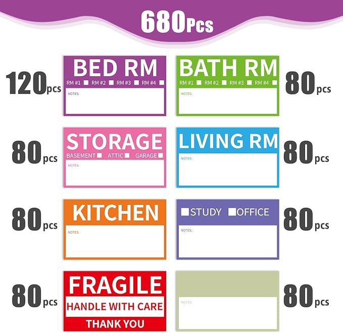680 Home Moving Labels, 3.4 x 2 inches, 8-Color Coded Packing Box Stickers - Image 3