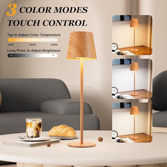 Kakanuo Wood Grain Cordless Table Lamp Rechargeable - Image 2