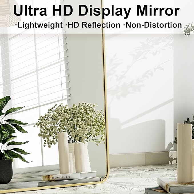 HARRITPURE 56" x 21" Rounded Full Length Mirror Aluminum Frame Gold Mirror Full Length Floor Mirror with Stand for Living Room Bedroom Cloakroom-DeskLoop Office