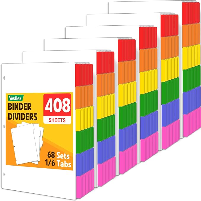 408 Pcs Binder Dividers with Multicolor Tabs, 1/6 Cut Tabs, Dividers by YesBes
