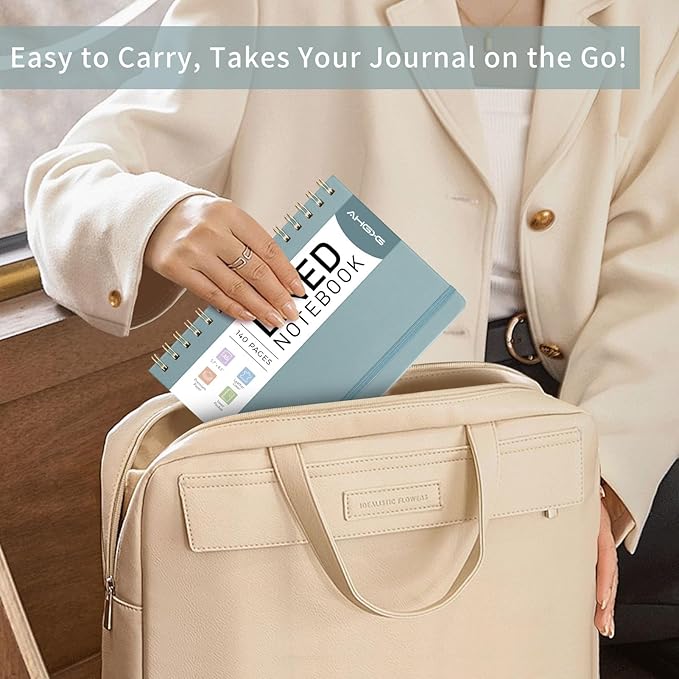 AHGXG Lined Spiral journaling notebooks With Numbered Pages, Hardcover Leather College Ruled Notebook 5.7" x 8.3" A5, light ivory Paper, Notebooks for School Work, Journals for Women,GrayBlue-DeskLoop Office