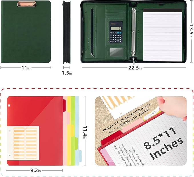 Ospelelf Green Clipboard with Storage 3 Binder Leather Portfolio Folder with - Image 2