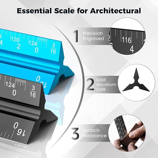 Rena Chris 2PCS Architectural Scale Ruler: 12" Imperial Aluminum Alloy Metal - Image 2