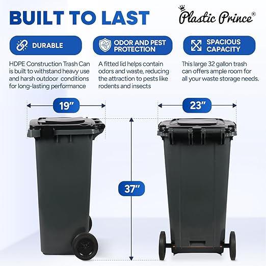 32 Gallon Trash Can with Wheels Outdoor Garbage Can with Lid and Wheels Locking Trash Can Commercial Heavy-Duty Trash Bin Rolling, Plastic Gray