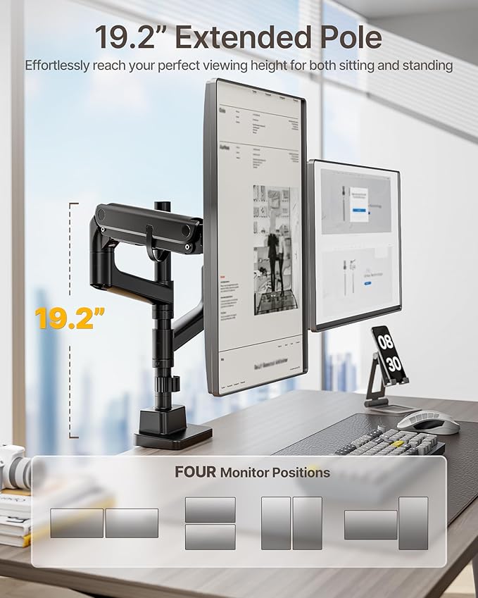 monTEK Dual Monitor Arm for up to 57" and 59.4 lbs Ultrawide Screen, Aluminum Heavy-Duty Gas Spring Vertical Stackable Curved Screen Adjustable Monitor Stand, 75/100mm Vesa Mount, Black-DeskLoop Office