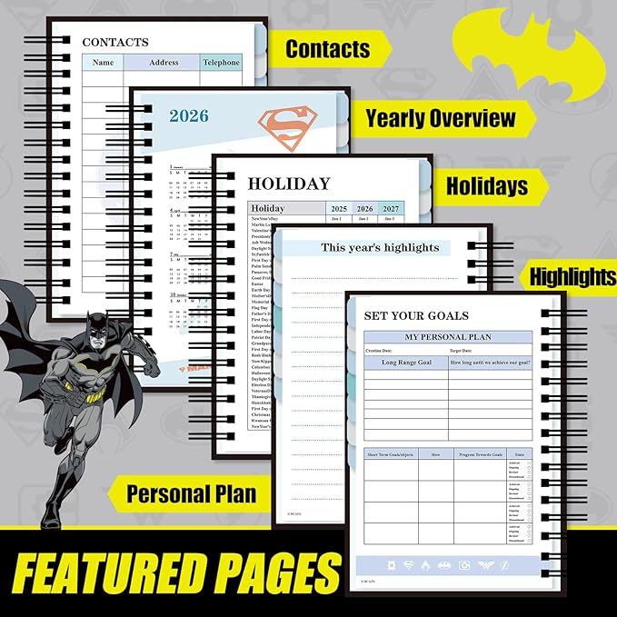 Super Hero Academic Planner, Weekly Monthly Daily Agenda, Custom Date Organizer for Time Management, Spiral Bound Notebook with Colorful Tabs,Datebooks for Student, Adult(Black Gold)-DeskLoop Office