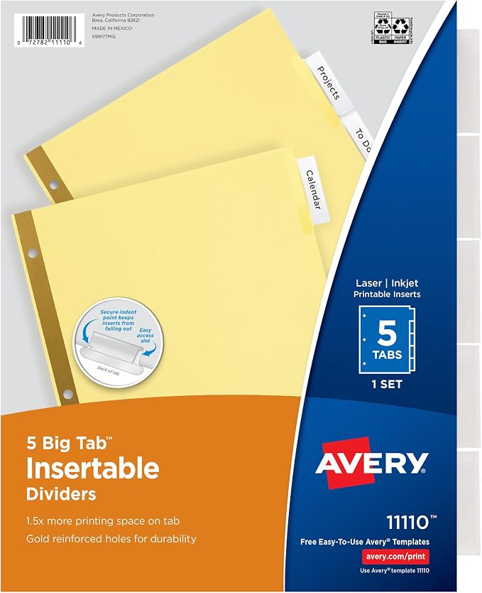 Avery Insertable Dividers for 3 Ring Binder, 5-Tab Set, Buff Paper by Avery