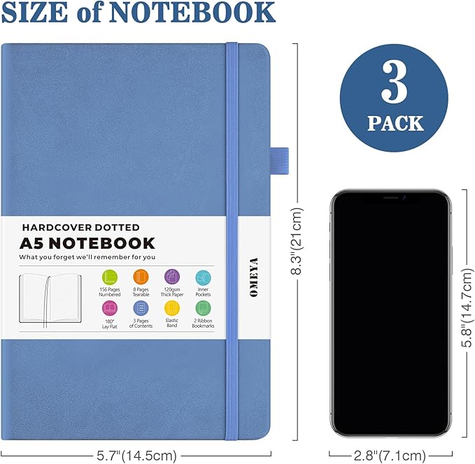 Bullet Dotted Journal Notebook 3 Pack, A5 Dotted Journal with 120gsm Paper, Leather Dotted Notebook, Hardcover Dot Grid Notebook Each with 156 Nmubered Pages, Dot Journal for Women, 5.75" × 8.38"-DeskLoop Office