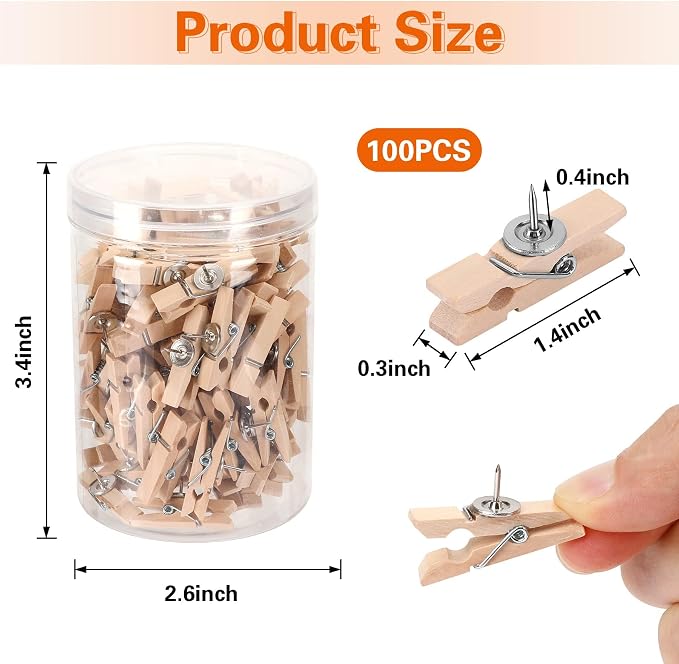 SANNIX 100Pcs Wooden Push Pin Clips, Decorative Clips - Image 2