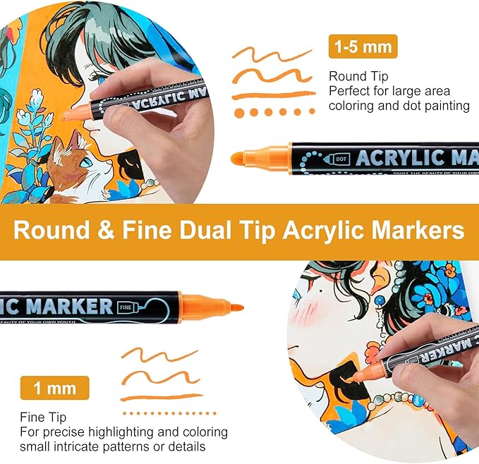 30 Colors Waterproof Dual Tip Acrylic Paint Pens, Dot & Fine Tip Premium Coloring Drawing Markers Set for Wood, Rock Painting, Canvas, Glass, Ceramic Surfaces and DIY Crafts Making Art Supplies-DeskLoop Office