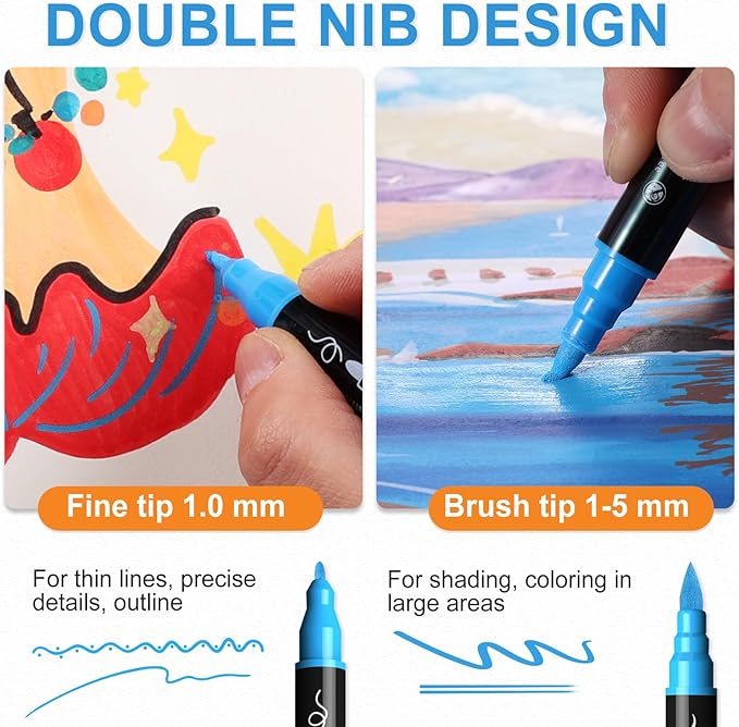 30 Colors Acrylic Paint Markers, Waterproof Dual Tip Acrylic Paint Pens with Brush and Fine Tip, Markers Set for Paper, Rock, Wood, Canvas, Glass, Ceramic and DIY Crafts Making Art Supplies-DeskLoop Office
