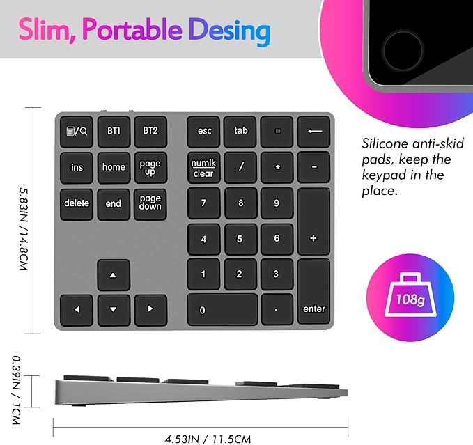 Foloda Bluetooth Number Pad for Laptop, Wireless 10 Keys USB Number Keypad, Rechargeable Numeric Keypad Numpad Extensions Data Entry Keyboard for PC iMac MacBook Notebook-DeskLoop Office