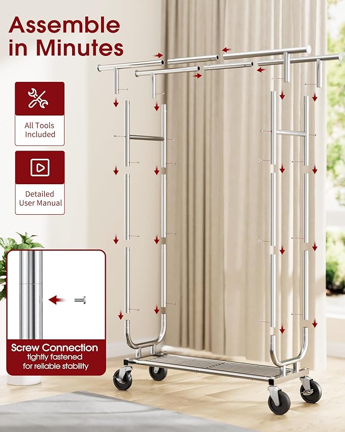 Heavy-Duty Clothes Rack - Double-Rod Stainless Steel Garment Rack with 4-inch Lockable Wheels, Clothing Racks for Hanging Clothes in Bedroom, Laundry Room, 43.3"×16.5"×61.0", Silver-DeskLoop Office
