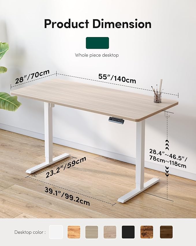FEZIBO One-Piece Standing Desk Adjustable Height Stand up Home Office Desk, 55x24 Inch Electric Standing Computer Desk, with 4 Memory Presets, Fixable casters, Light Walnut-DeskLoop Office