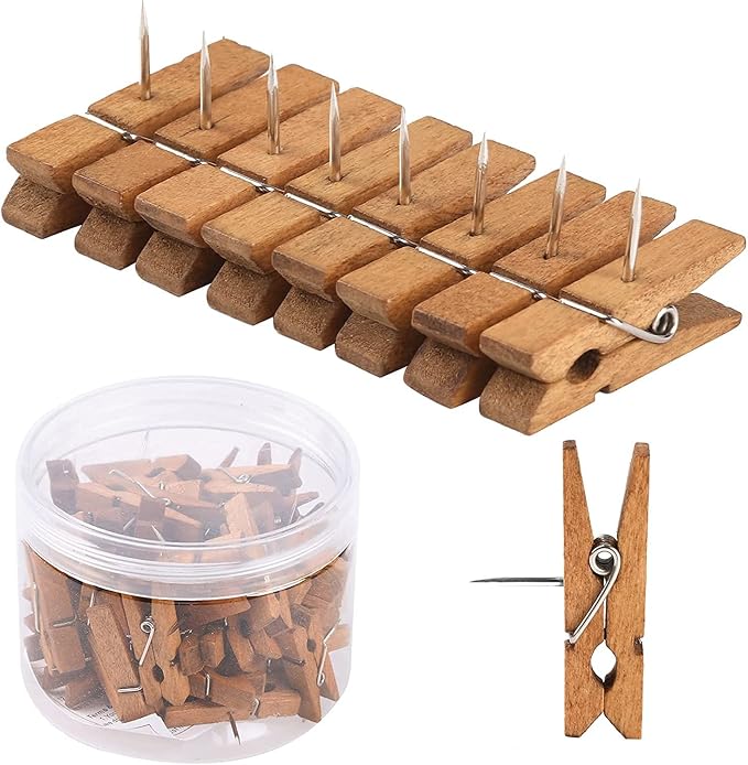 50 PCS Push Pin with Wooden Clips, Durable Wooden Push Pins, Decorative by Joyberg