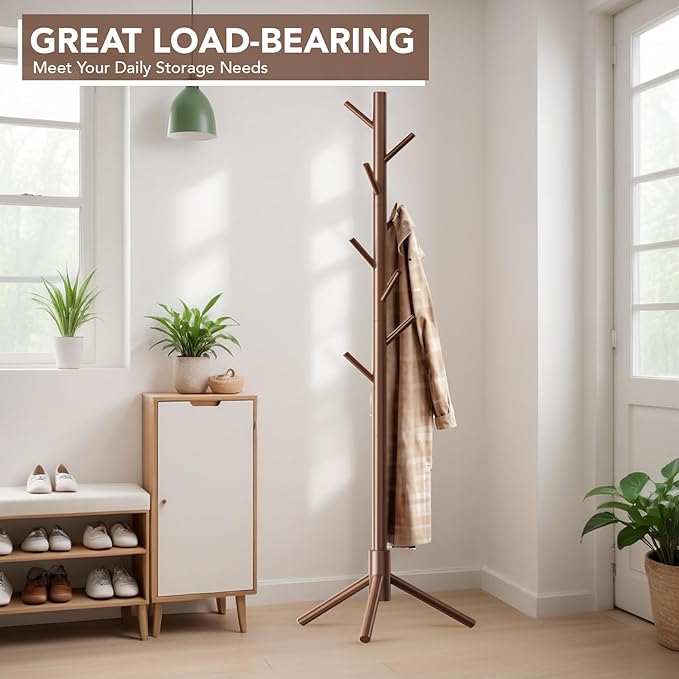 Wooden Tree Coat Rack Stand,Sturdy Freestanding Coat Rack with 8 Hooks,3 Adjustable Height for Child Adult,Wood Coat Stand Tree Fits Entryway Bedroom Office for Bags,Hats, 2 Pack-DeskLoop Office