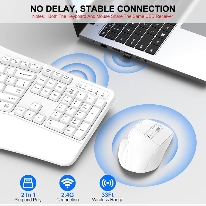 Wireless Keyboard and Mouse Combo, 2.4G Full Size Wave Keys Ergonomic Keyboard - Image 5
