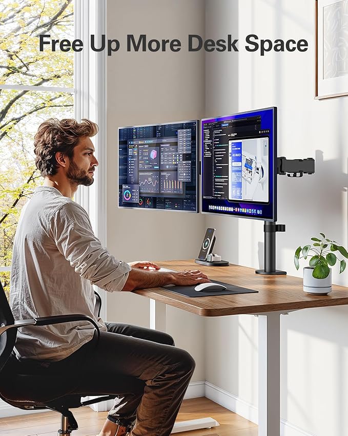 HUANUO Dual Monitor Desk Mount, Heavy-Duty Steel Adjustable Arm for 13-32 Inch Screens, Tilt, Swivel, Rotate, C-Clamp & Grommet Base, Holds up to 17.6 lbs per Arm, VESA 75/100mm-DeskLoop Office