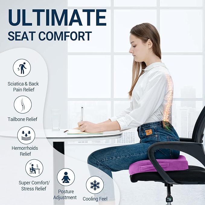Gel Seat Cushion for Car Office - Memory Foam Pain Relief Chair Pillow Cushions - Tailbone Sciatica Coccyx Butt Lumbar Support Pad for Sitting Driving Traveling, Velvet, Purple-DeskLoop Office