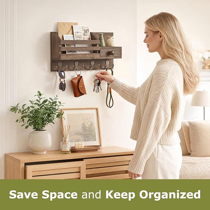 Key Holder Wall Mount, Wooden Adhesive Mail and Key Organizer - Image 2