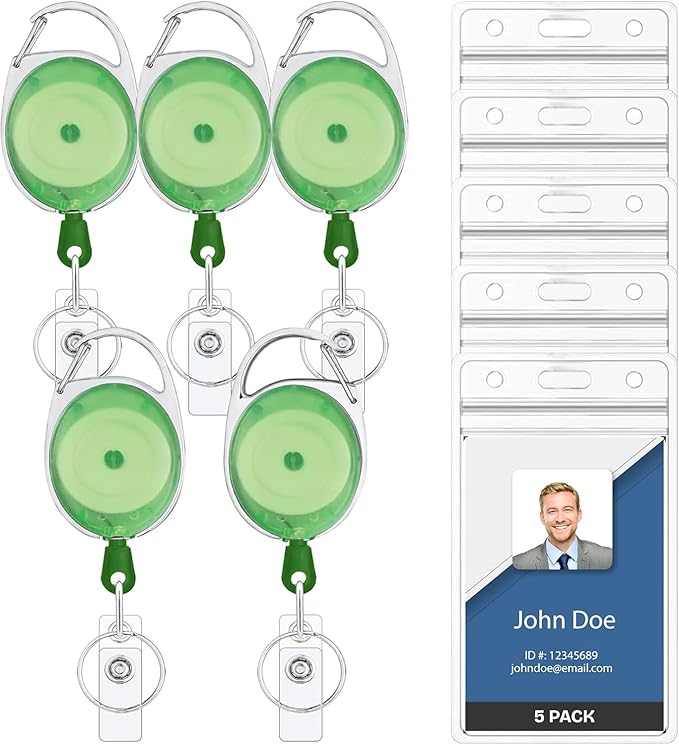 5 Pack Id Badge Holder with Clip – Transparent Green Badge Reels with Id by WillWell