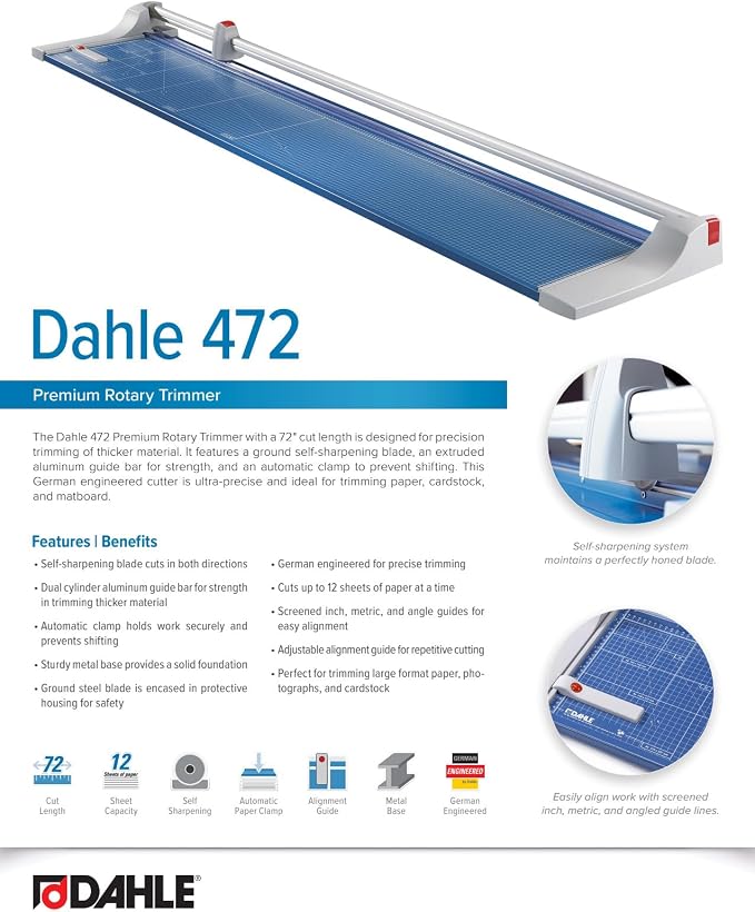 Dahle 472 Premium Rolling Trimmer, 12 Sheet Capacity, Self-Sharpening, - Image 6
