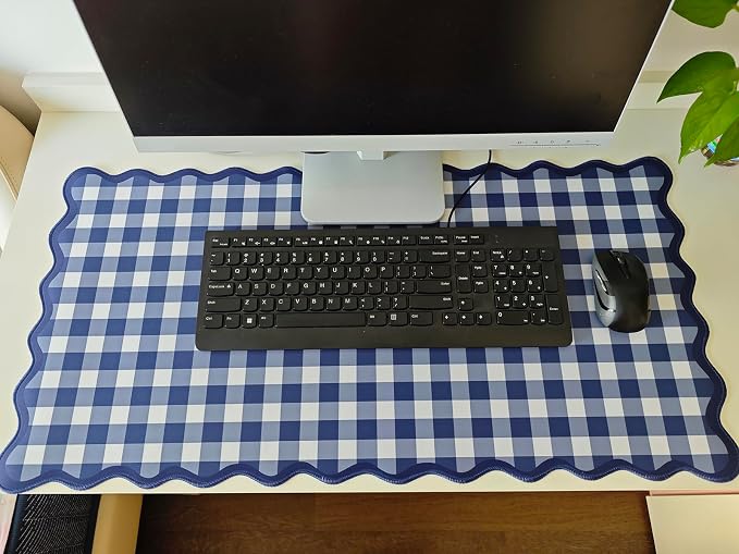 Scalloped‌ Checkered Desk Mat Cute Dark Blue XXL Large Gaming Mouse Pad Gingham - Image 8