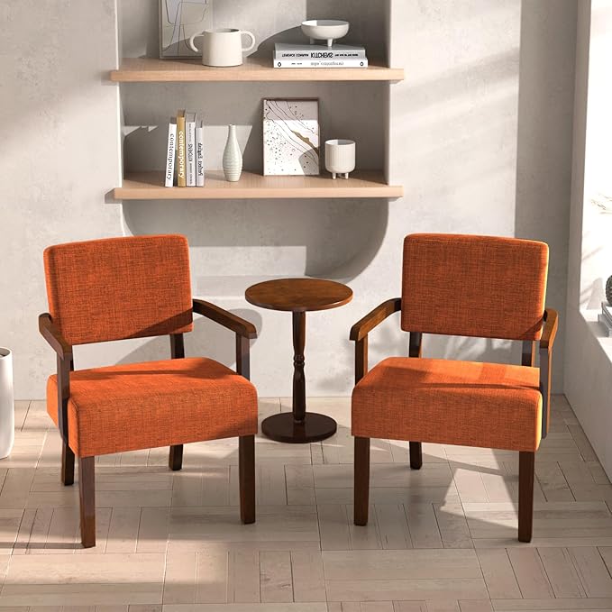 Accent Chair Set of 2 with Table, Living Room Chairs with Soft Seat and Armrests for Living Room Bedroom Reading Room Waiting Room (Orange), Linen, AC01-DeskLoop Office