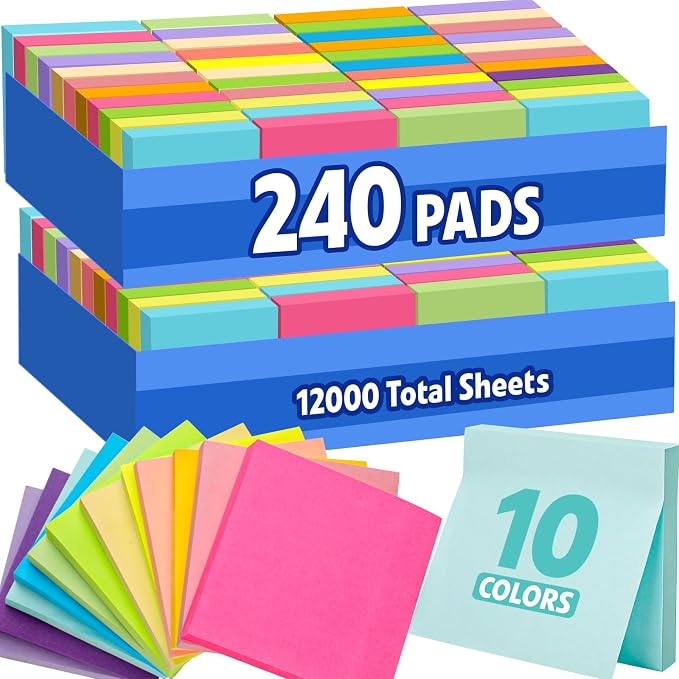 240 Pads Sticky Notes 3x3, Self-Stick Pads Bulk Bright Colors, School Supplies by YesBes