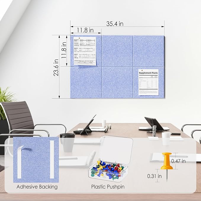 MaxGear Felt Bulletin Board 36" x 24", Light Blue Felt Wall Tiles Push Pins | - Image 5