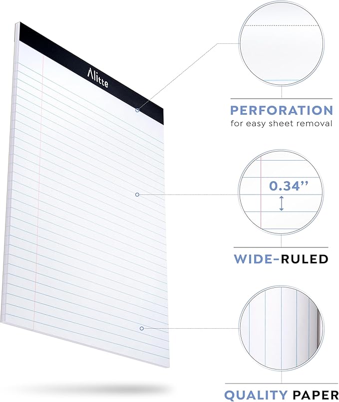 Legal Notepads 8.5 x 11, Pack of 3 - Perforated Wide Ruled Writing Pad - Premium Thick Paper, No Ink Bleeding - Blank Legal Pads For Home, Office, School, Business - 50 Sheets Per Notebook