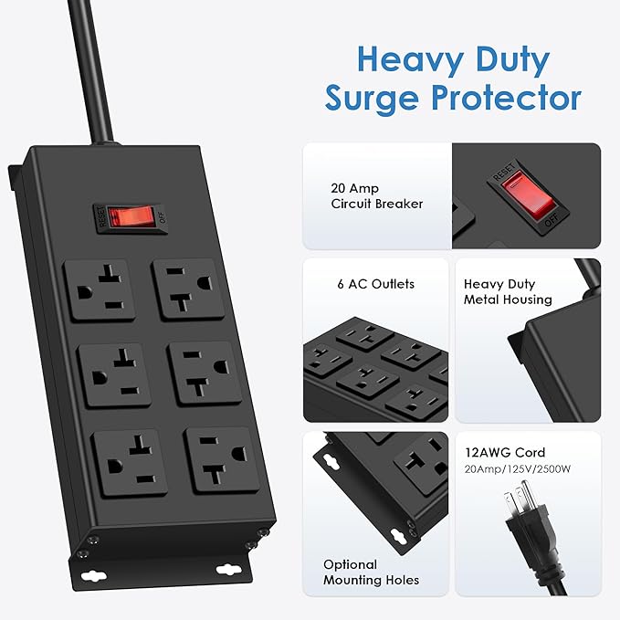 JUNNUJ Heavy Duty 20 Amp Power Strip, Garage 6 Outlets Metal 12 Gauge Surge Protector 3000J, High Amp 5-15P Adapter Shop 6-20R T-Slot Industrial (6AC, 6FT)-DeskLoop Office