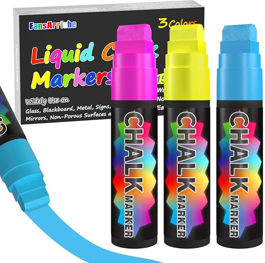 FansArriche Jumbo Window Markers, 3 Pack 15mm Neon Chalk Pens, Liquid Chalk Bright Car Marker, Chalkboard Markers for Windows, Blackboard, Glass, Signs, 3-in-1 Nib-DeskLoop Office