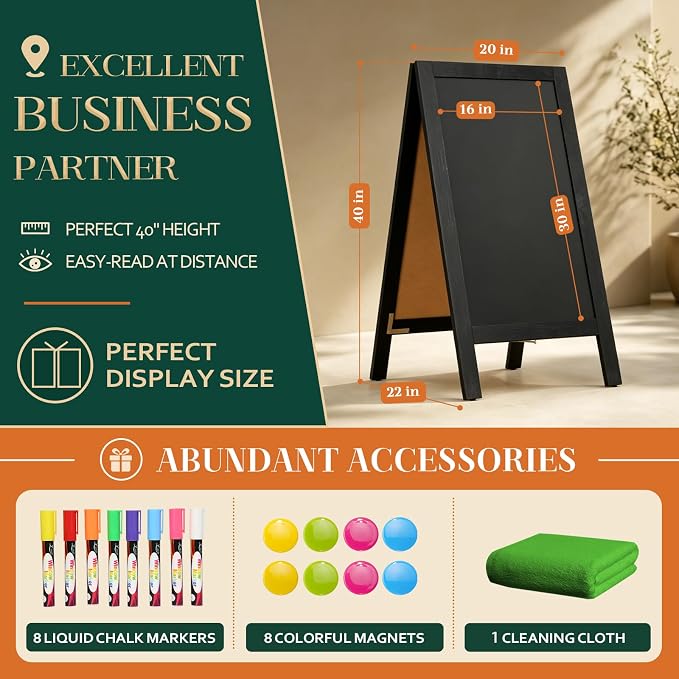 4 THOUGHT A-Frame Double-Sided Magnetic Chalkboard 40"x20", Solid Pine Wood - Image 5