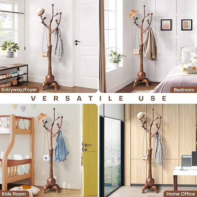 Coat Rack Freestanding Wood Coat Tree Rack with 8 Hooks, Creative Design Tree Branch-look, Standing Coat Rack Clothes Hanger Stand with Stury Base for Entryway, Hallway, Bedroom - Load 160lb (Walnut)-DeskLoop Office