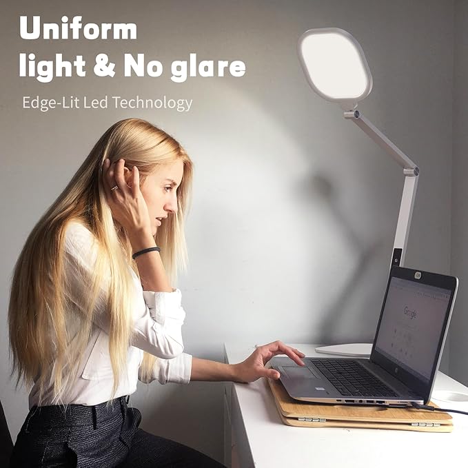 LED Desk Lamp for Home Office, Desk Light for Video Call, 3 Color Temperature 10 Brightness Computer Light, Dimmable Led Desk Light with Memory & Timer Func, Metal Swing Arm Architect Desk Lamp White-DeskLoop Office