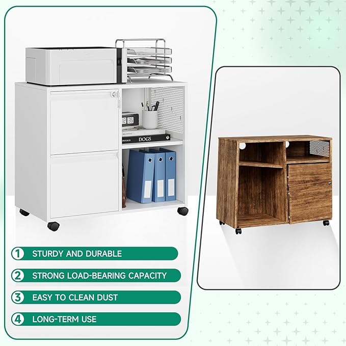 Letaya Mobile File Cabinet, Metal Lateral Rolling Printer Stand Filing Cabinets with Shelves for Home Office-Storage A4/F4/Letter (White)-DeskLoop Office