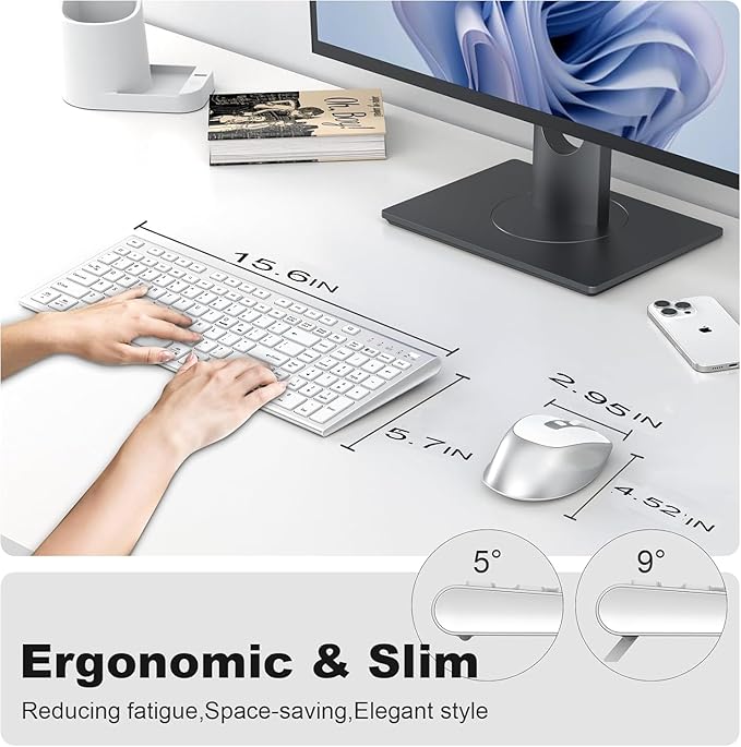 FENIFOX Wireless Keyboard and Mouse, Ergonomic Rechargeable Silent Quiet Slim Compact Full-Size USB C with Number Pad Flat Soft Cover for PC Computer Laptop Mac MacBook iMac TV Windows - Silver White-DeskLoop Office