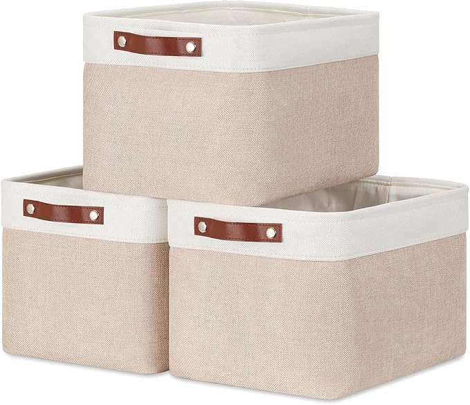 DULLEMELO Fabric Storage Bins, Storage Baskets for Organizing, Collapsible Rectangular Fabric Baskets for Shelves, Empty Gift Baskets (3-Pack Medium-15 inch X 11 inch X 9.5 inch , White&Khaki)-DeskLoop Office